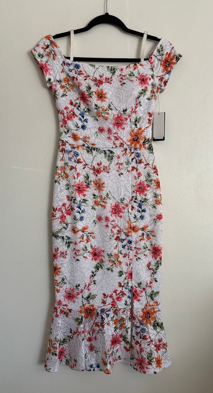 Guess White Pink Floral Lace Bodycon Trumpet Knee-Length Dress 0 - Picture 1 of 8